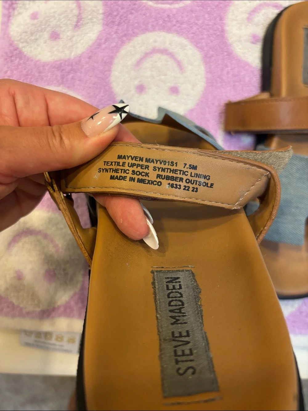 Steve Madden “Mayven” Light Blue Denim and Tan Leather Slide Sandals
